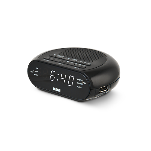RCA Reloj despertador de radio digital RCS27 con sonidos relajantes,  control de brillo y puerto de carga USB